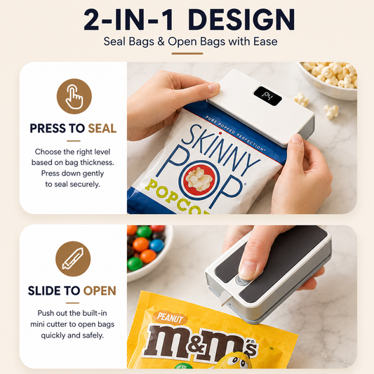 Portable mini bag sealer 2-in-1 sealing and hidden cutter instructions