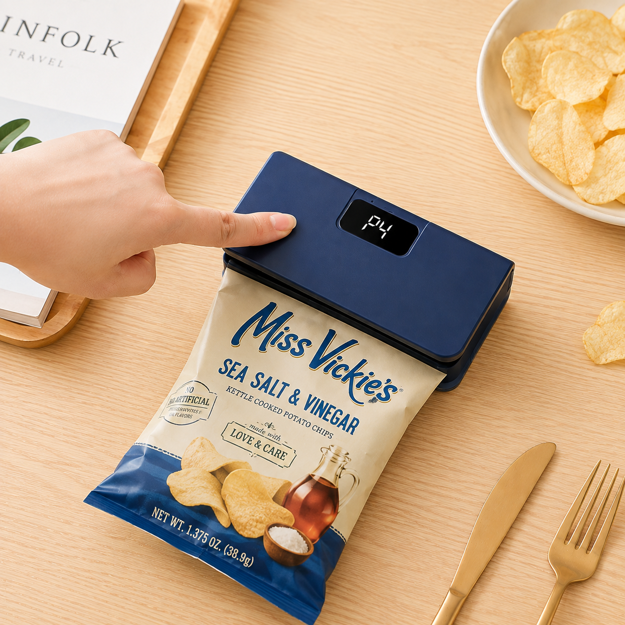 Blue portable mini bag sealer sealing a potato chip bag