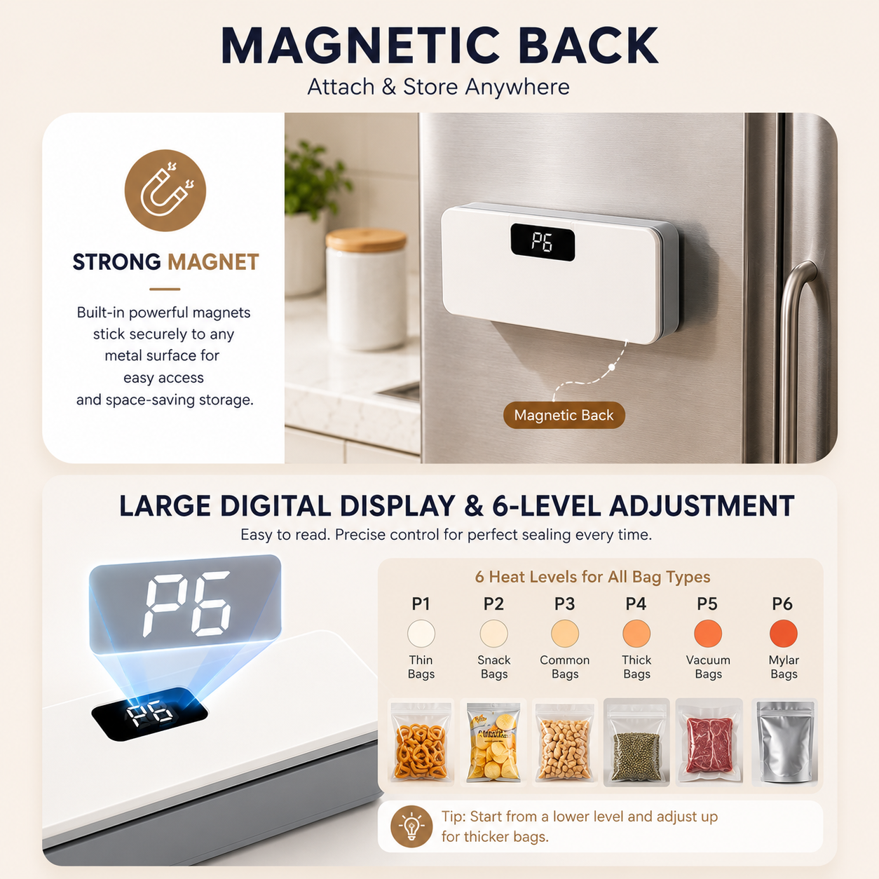 Portable mini bag sealer magnetic back, LED display, and six heat levels
