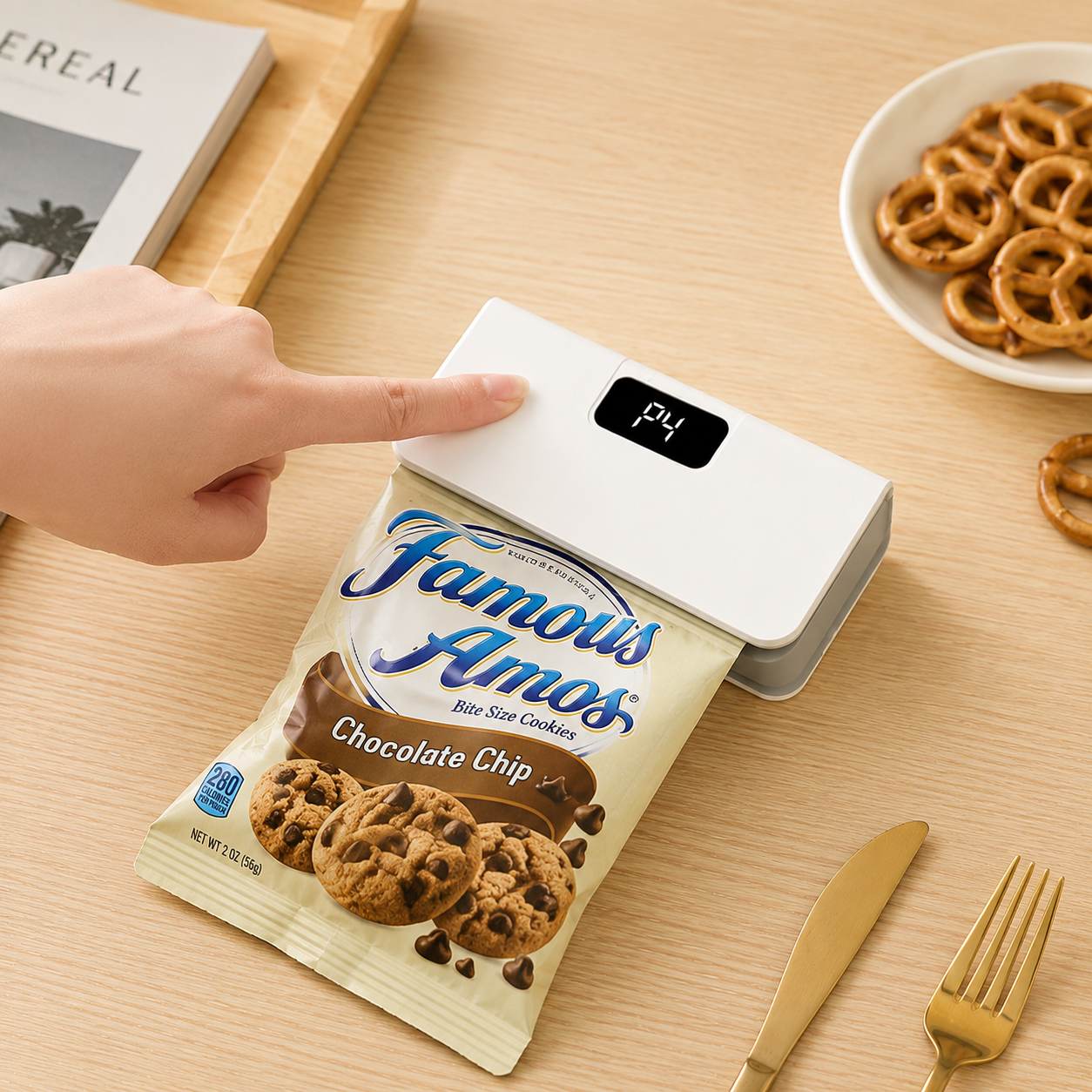 White portable mini bag sealer sealing a cookie snack bag