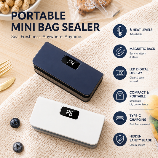 Zynvorax portable mini bag sealer in blue and white with six heat levels, LED display, magnetic back, USB-C charging, and hidden safety blade
